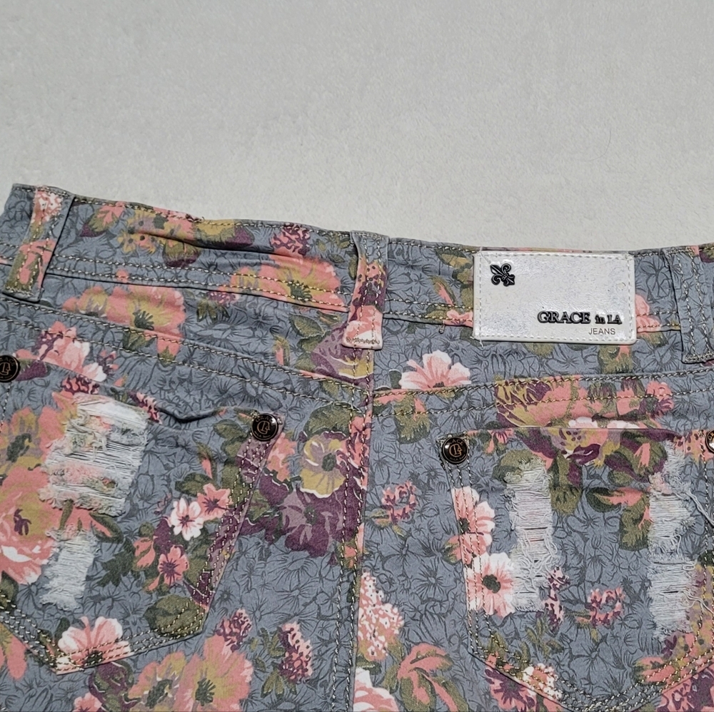 Grace in LA New Gray Pink Floral Distressed Raw Cut Micro Mini Denim Shorts 3/25 - Picture 6 of 10